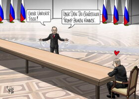 Trump, Putin, Russland, USA, Ukraine, Krieg, Diktator, Tisch, über den Tisch ziehen, Gipfel, Freiden